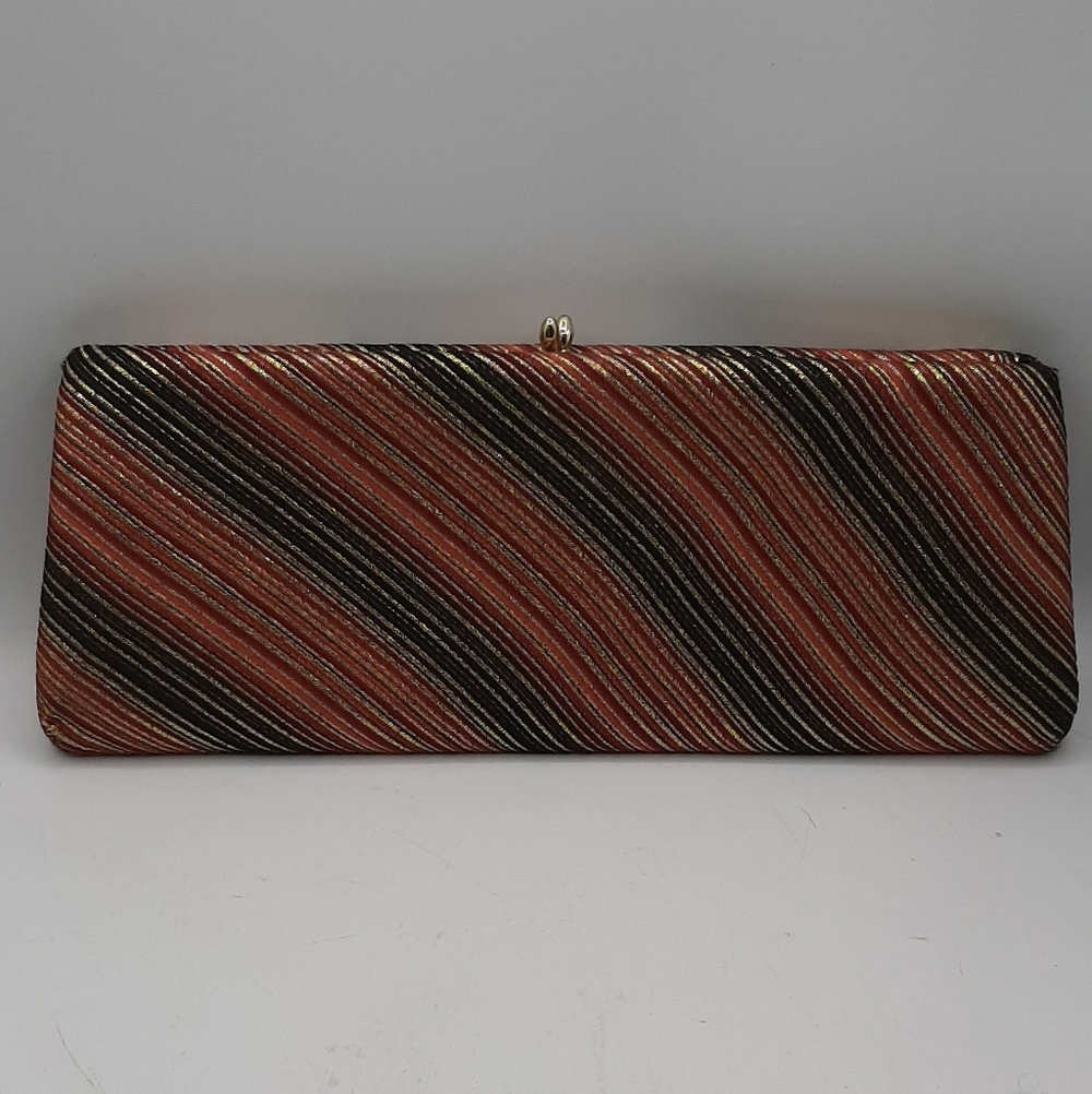 Vintage Women's Striped Clutch Bag Metalic Gold Detailing Hong Kong Lined